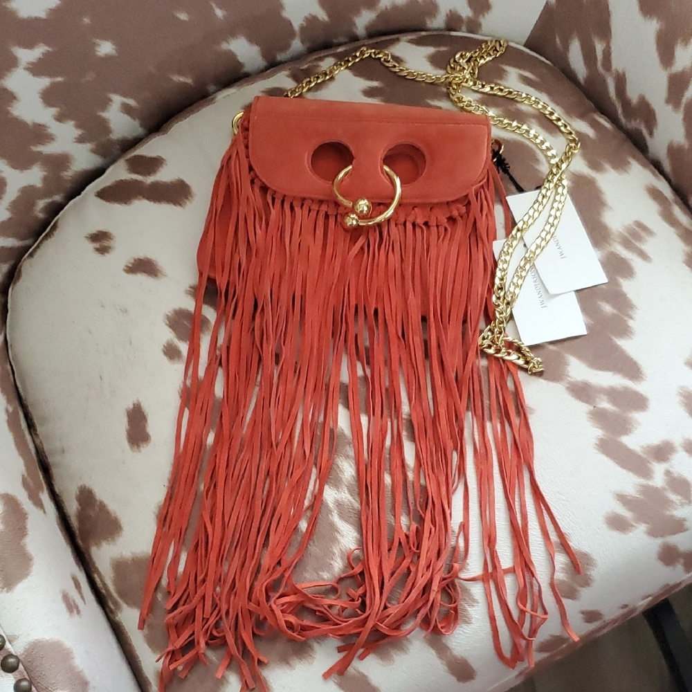 NWT J.W. Anderson Orange Suede Pierce Bag w/Fringe - Picture 2 of 15